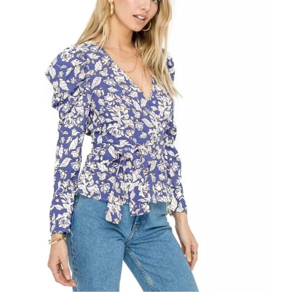 ASTR The Label Periwinkle Floral Puff Sleeve Wrap Tie Blouse Top Sz Small - Picture 1 of 8